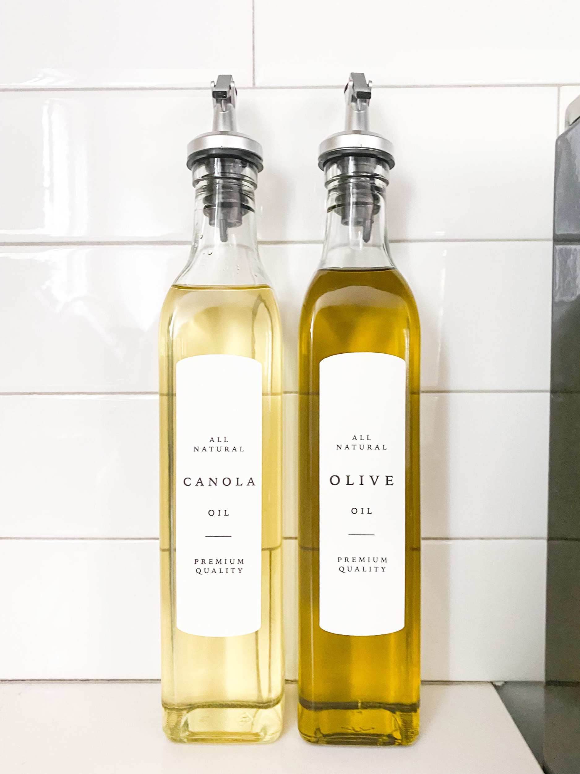 olive oil and canola oil labels and dispensers