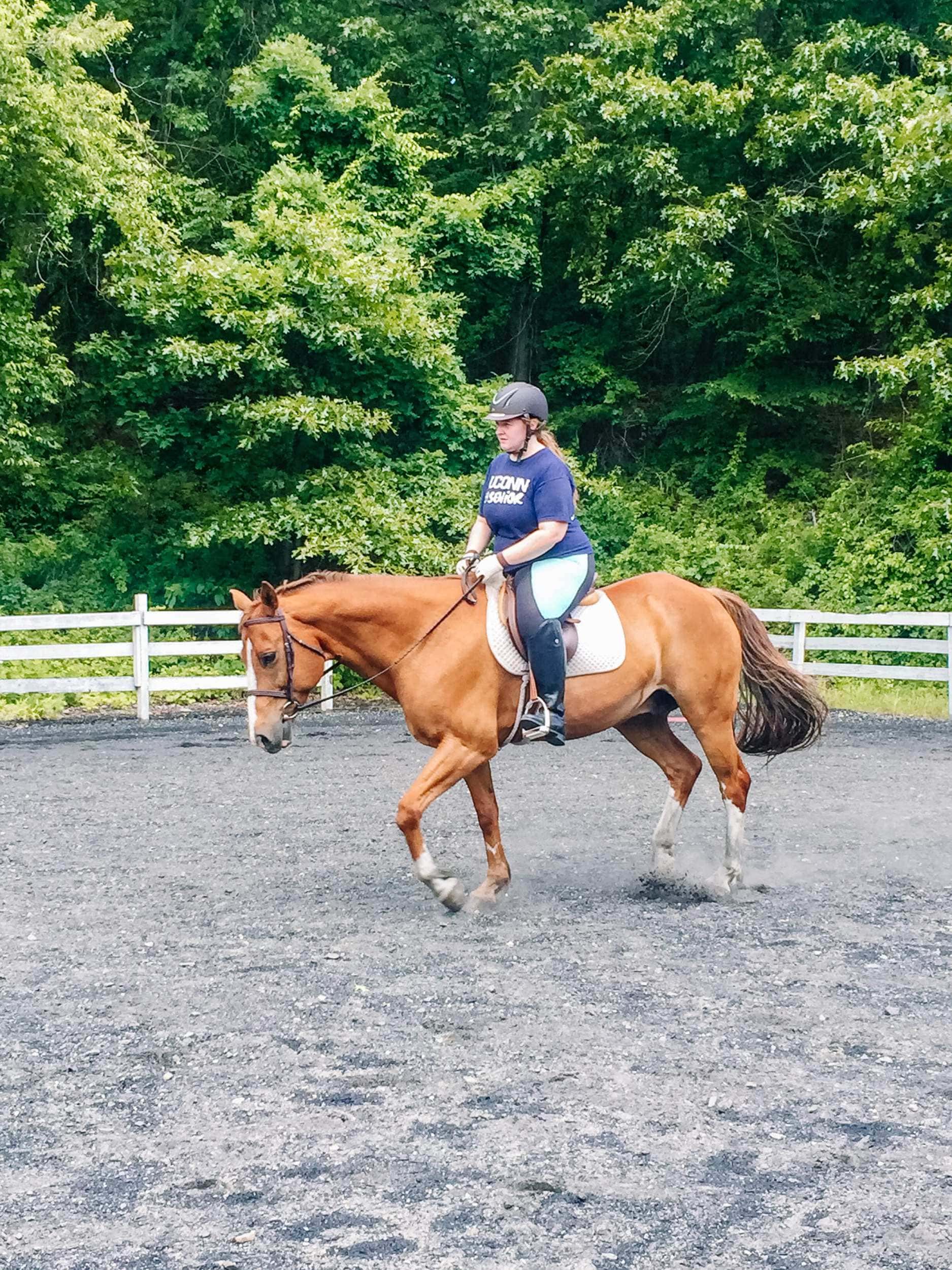 Michelle Frohman, author of the acorn hill home blog with her lease horse Tyson, a chestnut quarter horse. 