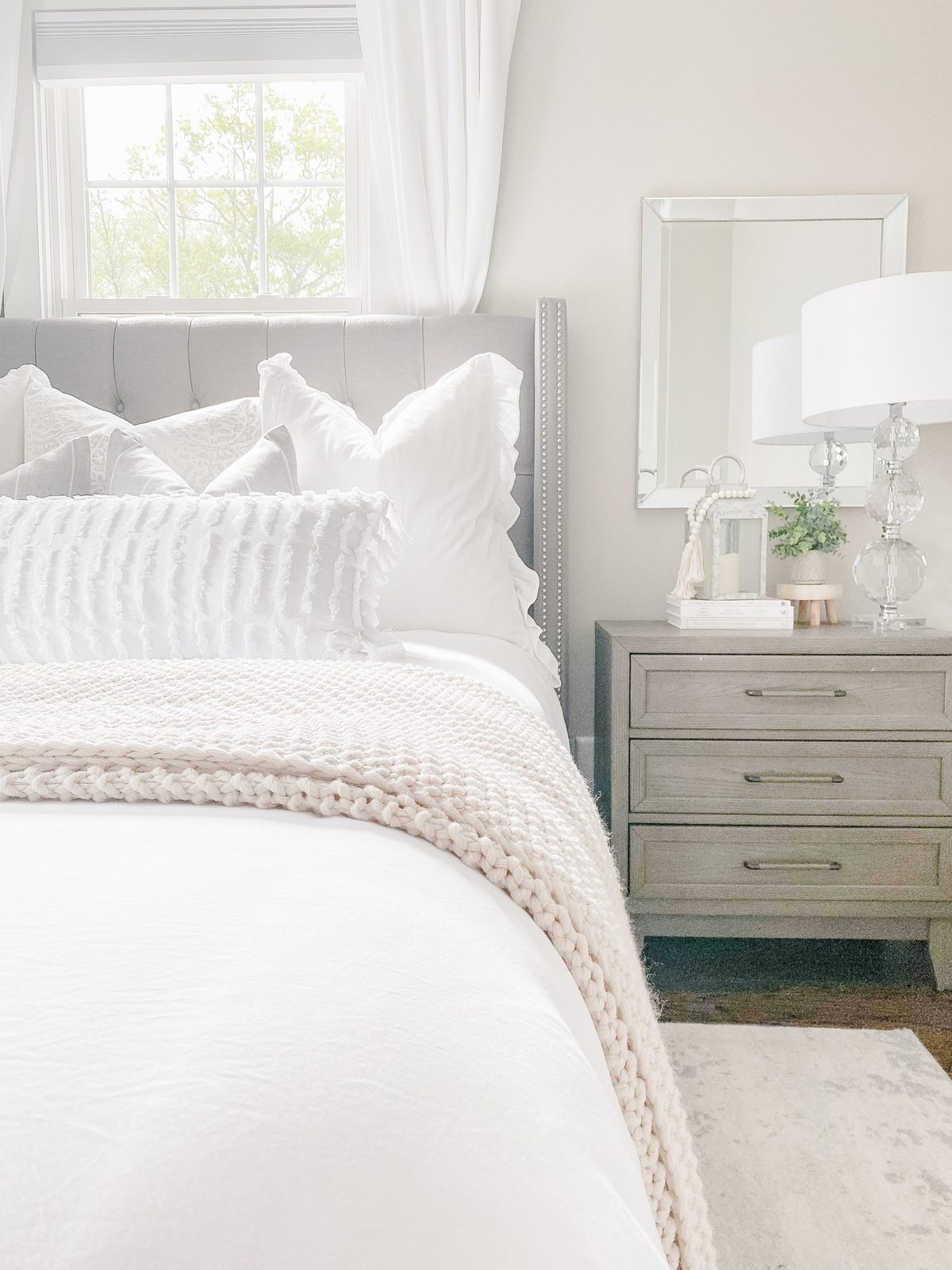 white textured lumbar pillow, grey and white striped farmhouse pillow 20x20, white ruffle euro pillows, farmhouse glam bedroom