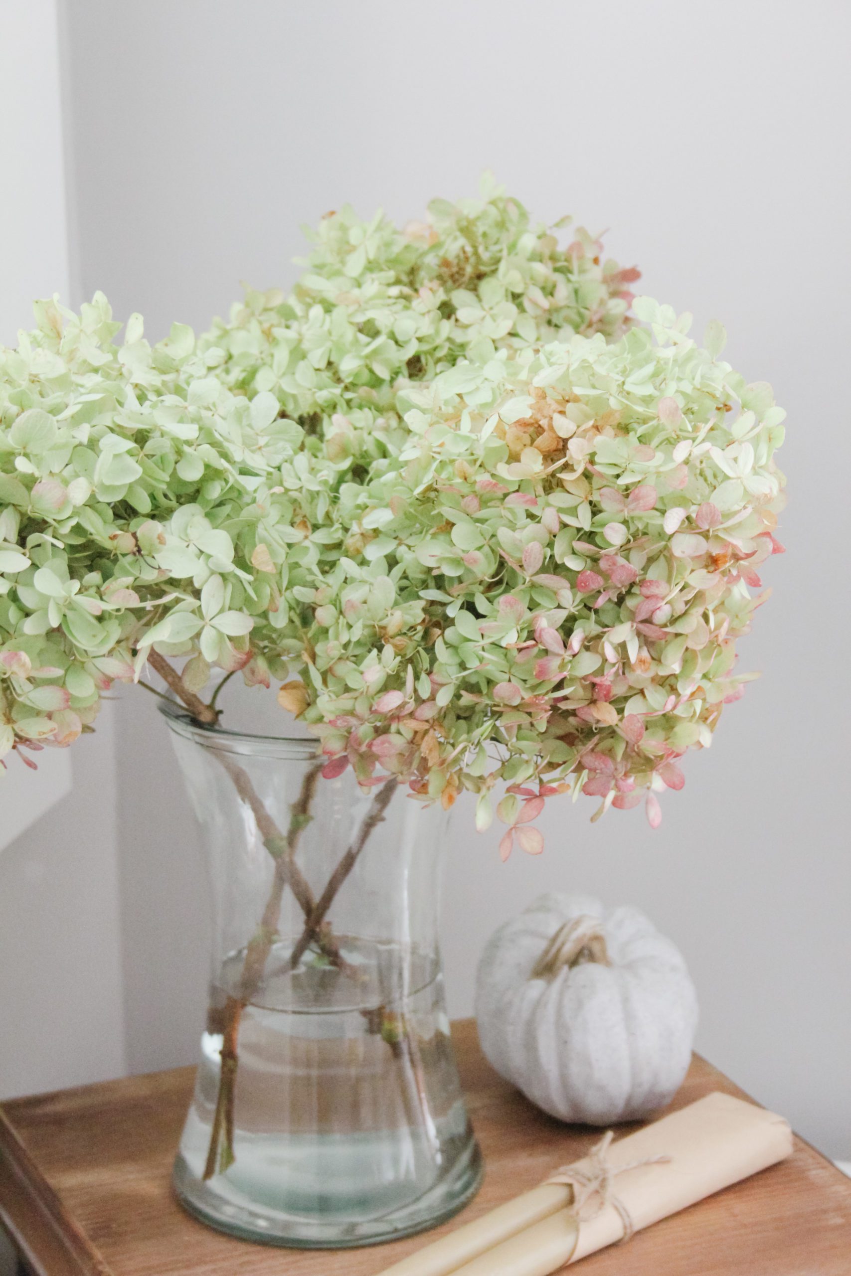 Dried limelight hydrangea stems in muted green and mauve colors in a glass vase with grey faux pumpkin and yellow candles on a farmhouse riser